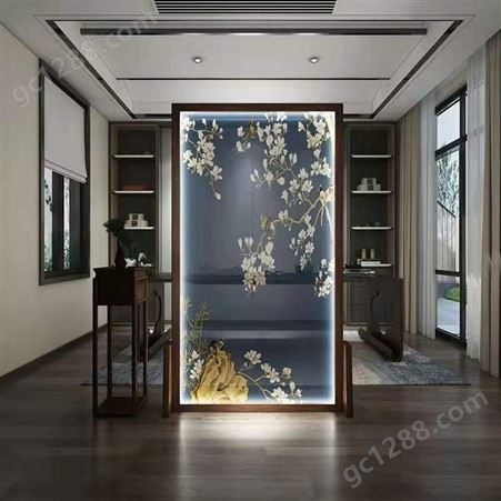 中式风格鲜花图案风格玻璃屏风_实木加钢化玻璃屏风厂家定做