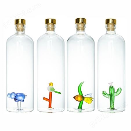 出口意大利  空心内置仙人掌玻璃瓶  内置绿叶玻璃醒酒器  龙舌兰工艺酒瓶