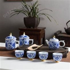手工描金青花缠枝莲功夫茶具 景德镇陶瓷茶具套装 家用釉中彩整套茶具