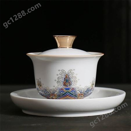 金丝珐琅彩陶瓷盖碗茶具套装 薄胎白瓷家用盖碗茶壶 三才盖碗