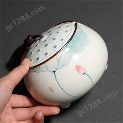 釉下彩手绘荷花茶叶罐 带流苏大号陶瓷密封罐 防潮家用储存茶盒