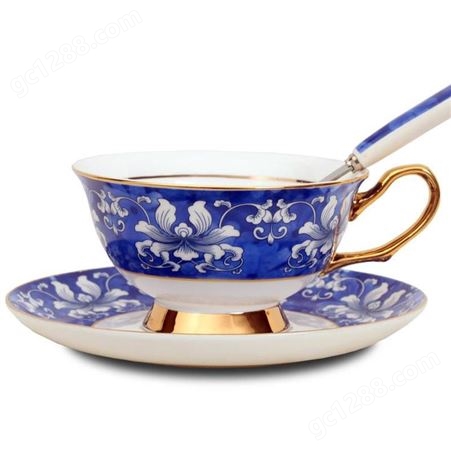 陶瓷实用礼品 新中式拿铁咖啡杯碟 陶瓷咖啡器 手绘青花瓷花茶杯