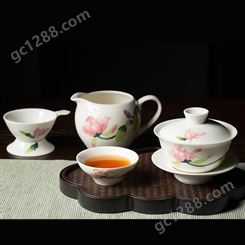 日式手绘功夫茶具套装 家用办公室定制礼品 浅浮雕满堂春盖碗茶壶茶杯
