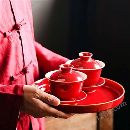 陶瓷霁红色釉盖碗茶杯泡茶碗 家用结婚功夫茶具 三才盖碗敬茶杯套装