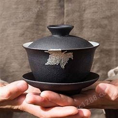 日式黑粗陶主人杯品茗杯茶杯 功夫茶具镀银盖碗 家用三才盖碗