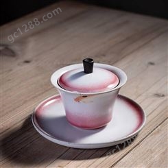 素红窑变三才盖碗 家用陶瓷功夫茶具泡茶碗 手绘年年有鱼敬茶碗