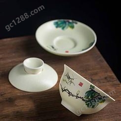 釉上彩手绘荷花盖碗 三才碗杯陶瓷茶碗 功夫茶具三杯盖碗家用敬茶碗