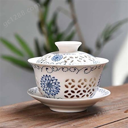 景德镇青花玲珑陶瓷三才盖碗 镂空家用盖碗茶备 高白瓷茶碗敬茶杯