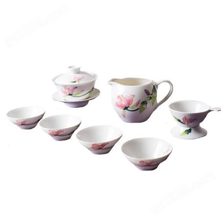 手绘三才盖碗茶杯 满堂春不烫手功夫茶具 粉色羊脂白玉瓷餐具