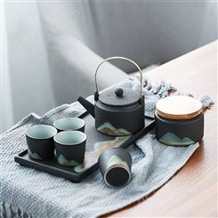 青山茶器黑釉画彩茶具套装 中式创意礼品 陶瓷茶具定制logo礼品