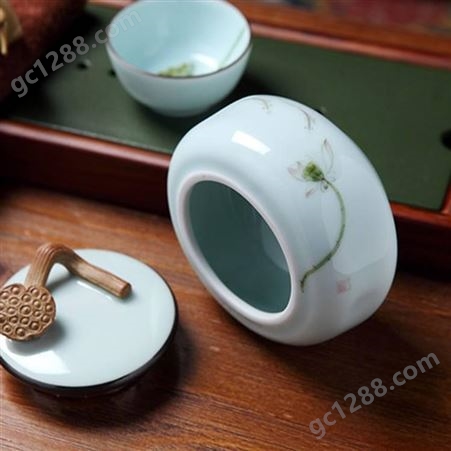 手绘荷花陶瓷茶叶罐醒茶罐 手绘中式茶罐 普洱复古储茶罐粗陶茶罐