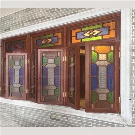 森雕工厂定制西关特色实木花格玻璃满洲窗木格花窗仿古玻璃门窗